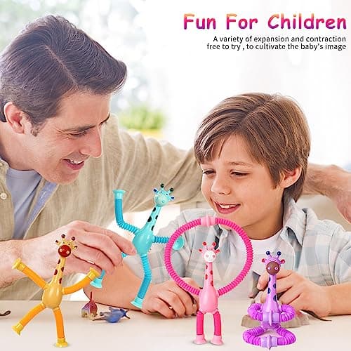 4 Pièces Jouet Girafe Télescopique avec Ventouse, Jouet de Girafe à Ventouse Télescopique pour Enfants Girafe Pop Tube Jouet, Jouet Educatif Amusant de Soulagement du Stress