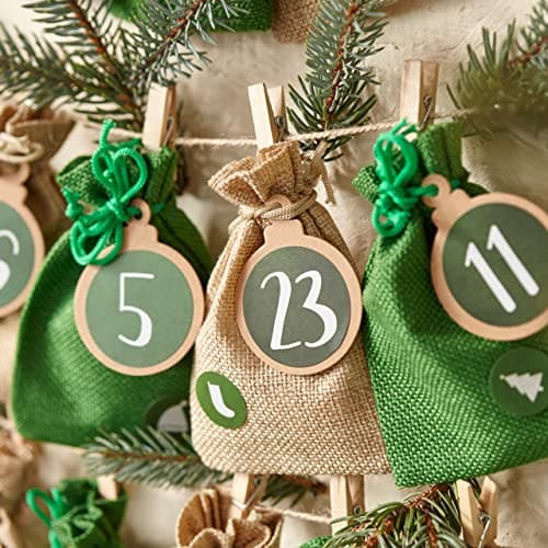 Calendrier de l'Avent à remplir, jute : Calendrier de l'Avent 2023 à remplir soi-même, jute - chiffres adhésifs, 24 sachets - pour enfants, LIVAIA