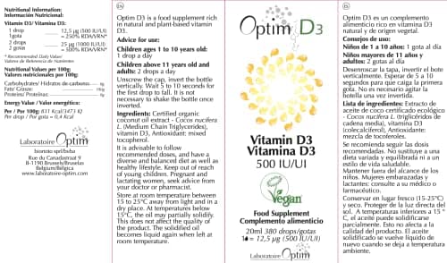 Vitamine D3 naturelle en gouttes supplément | vitamine D enfants - bébé – adultes – femme enceinte | 500 UI par goutte - Flacon 20ML | Vitamine D Végétale Vegan Lichen - huile de coco | Optim D3