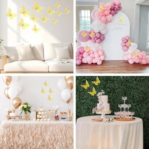 60 Pièces Papillon Décorations,Stickers Muraux de Papillons 3D,Autocollants muraux de Papillons Doré Pour Chambre,Salon,Gâteau,fête,mariage