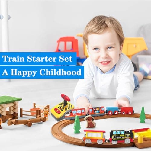 LiRiQi Train électrique télécommandée Enfant Locomotive à Piles à Vapeur, Ensemble de Train à Grande Vitesse à Moteur, Train Bois Magnétique Compatible avec Thomas Brio, Jouet pour Tout-Petits Enfants