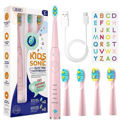 Seago brosse à dents électrique rechargeable pour enfants, brosse à dents électrique enfant avec autocollants DIY drôles, minuterie de 2 minutes, 4 têtes de brosse SG2303(rosa)