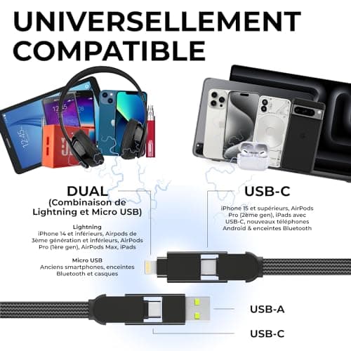 Rolling Square inCharge X - Porte Clé avec Câble USB c Charge Rapide, 100W - Chargeur USB c Universel 6 en 1 avec Cable USB c/a + Cable Lightning et Micro USB, Idéal comme Cadeau Homme, Noir