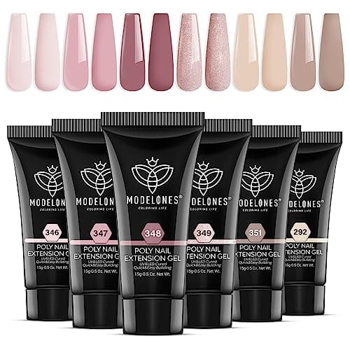 Modelones Polygel Pailleté Rose Nudee 6 Couleurs 15 ml Poly gel pour Ongles Faux Ongles Extension Construction Vernis Semi Permanent Quick Building Extender Gel Kit pour Manucure Nail Art Debutant
