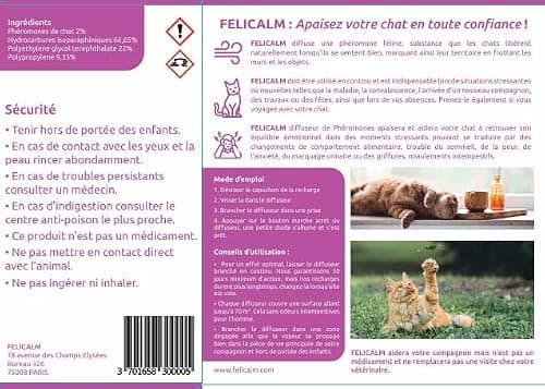 FELICALM Paris -Nouvelle Formule de PHEROMONE pour Chat et Chaton -DIFFUSEUR Intelligent ECONOMIQUE SECURITAIRE + Recharge de 48 ML- Anti Stress pour Chat- CALMANT- Bonheur et Harmonie.