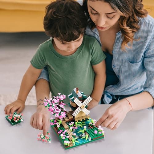 Tirff Architecture RivièRe Moulin à Vent Arbre Sakura Micro Blocs De Construction Ensemble Arbres Jouets Fleurs pour Filles, Un Kit De ModèLe De Fleur De Cerisier Cadeau Bricolage