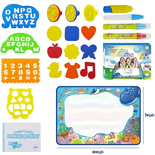 PHYLES Tapis de Dessin à Eau, 100 * 70cm Pas de Gâchis Tapis Dessin Enfant, 10 Couleurs Tapis Doodle Matte, Jouets Éducatifs pour Enfants, Cadeau de Noël Adapté aux Enfants dès 2 ans+