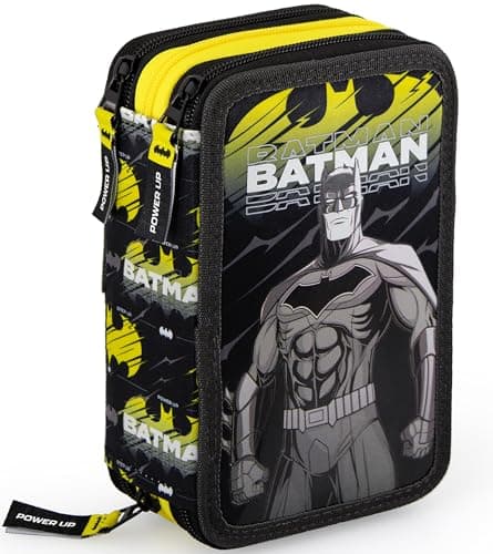 Clondo Trousse Triple Remplie Enfant, pour Batman Fan, 45 Accessoires Scolaires, 3 Fermetures Éclair, Compartiments Organisés, Crayons de Couleur, Feutres, Colle, Ciseaux