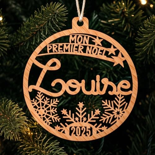 Boule de Noël Mon premier Noël, prénom et année personnalisable, Décoration en bois pour sapin, étui cadeau en option. Cadeau de Noël, naissance.