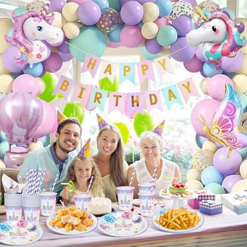 Decoration Anniversaire Licorne, 147 Pièces Assiettes Anniversaire Licorne Deco, Arche Ballon Banner Licorne Fille, Kit Anniversaire Licorne Assiettes Gobelets Serviettes Ballons pour Enfants Party