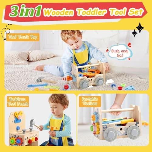 Caisse a Outil Enfant Jouet Enfant 2 Ans, 3 en 1 Boite a Outils Enfant Etabli Enfant Jeux Enfant 3 4 Ans, Jouet en Bois Jouet Montessori Jeu Educatif Cadeau Enfant 2 3 4 Ans(52 Pièces )