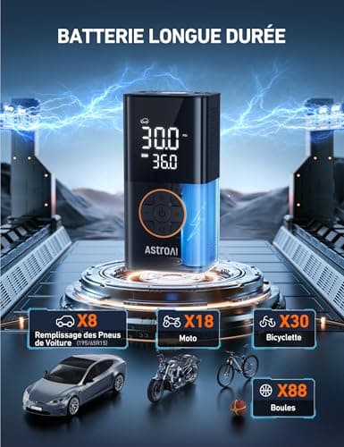 AstroAI Gonfleur Pneus Voiture, Compresseur à Air Portatif, Compresseur Voiture 150PSI, Gonfleur Pneus Voiture Sans Fil compacte, avec Batterie Rechargeable et Lumière LED pour Vélos, Motos, Boules