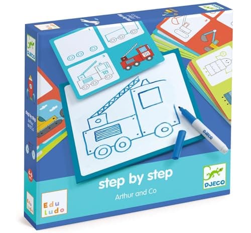 DJECO Step by Step Arthur et Co - Jeu Éducatif Dessin pour Apprendre à Dessiner Pas à Pas, dès 4 ans - Effaçable, Réutilisable - Contient 1 Planche Veleda, 1 Feutre Effaçable, 1 Chiffon et 24 Modèles