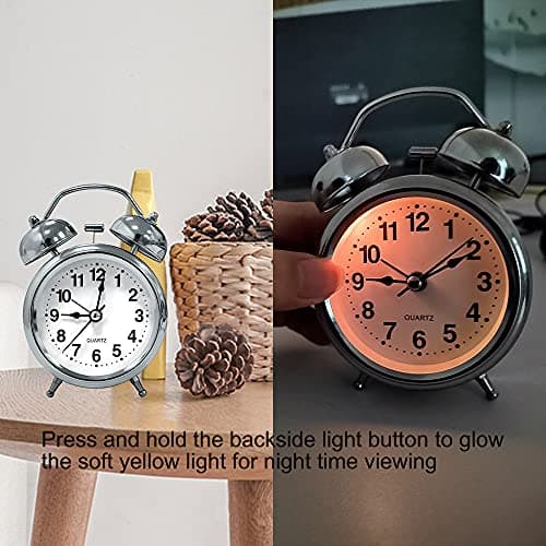 PHOEWON Réveil Métal à Double Cloche Alarme Réveil Rétro avec Lumière de Nuit Horloge à Quartz Réveil Silencieux