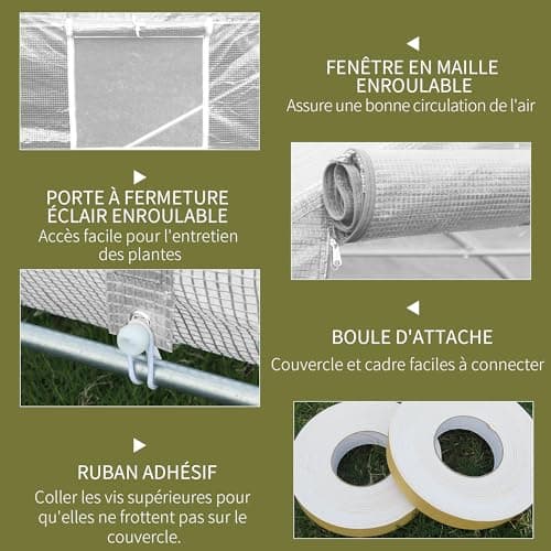 Outsunny Serre de Jardin Tunnel 600 x 300 x 200 cm Porte + 8 fenêtres enroulables métal galvanisé bâche PE Haute densité 140 g/m2 idéale pour Toutes Saisons Blanc