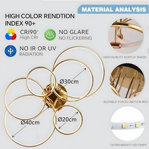 YYUTLUO Plafonnier LED, Ø105cm lustre Cercle En Métal Doré, 145W Dimmable En Continu 3000-6000K, Pendentif Galvanoplastie Rond Moderne, Chambre Salon Enfants Bureau Étude Cuisine Couloir (6 Anneaux)