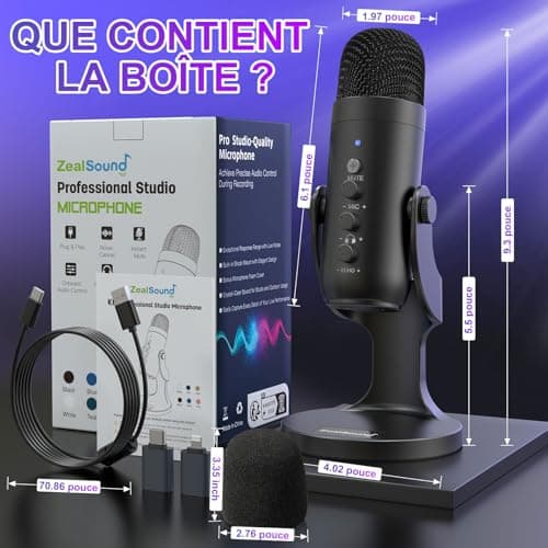 zealsound USB Microphone à Condensateur, Micro Gaming pour PC Phone Ordinateur Portable et PS4&5, avec Muet/Écho/Réduction du Bruit, pour Streaming, Enregistrement,Vocal,Podcast,Twitch, ASMR,K66 Noir