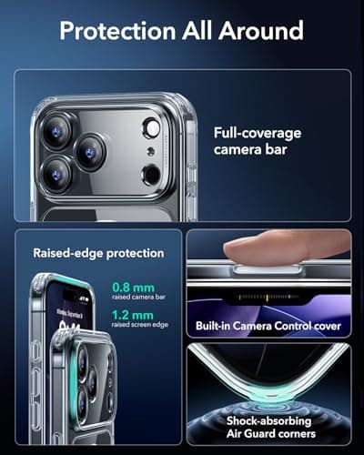 ESR Coque pour iPhone 17 Pro Max, Protection Commande de la Caméra, Compatible avec MagSafe, Protection Antichute de Qualité Militaire, Coins Air Guard Absorbant Les Chocs, Série Hybride,Transparente