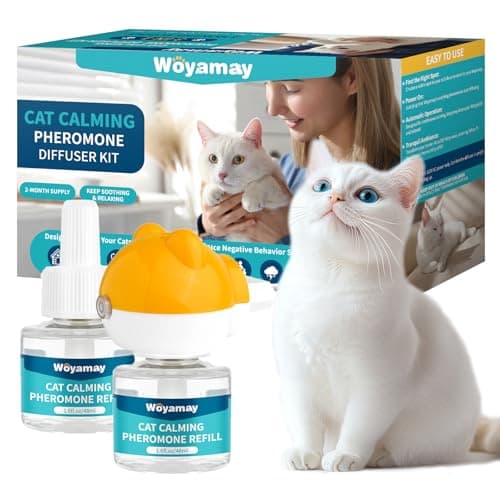 Woyamay Diffuseur De Pheromones Chat, Diffuseur Anti Stress Chat, Kit 3 en 1 avec 1 Diffuseur Et 2 Flacons De Recharge (48 ML), Soulagement De L'anxiété, Jusqu'à 60 Jours, Diffuseur Pheromones Chat