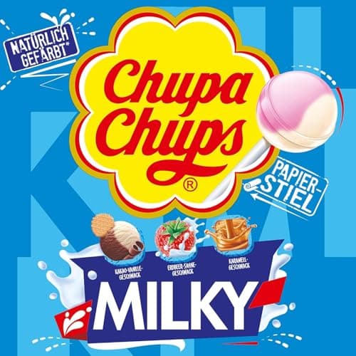 Chupa Chups - Tubo de 100 Sucettes - Parfums Choco/Vanille, Lait/Fraise, Caramel - 0 Pour cent de Matières Grasses - Idéal pour Fêtes d'Anniversaires - Boite Milky de 1,2 Kg