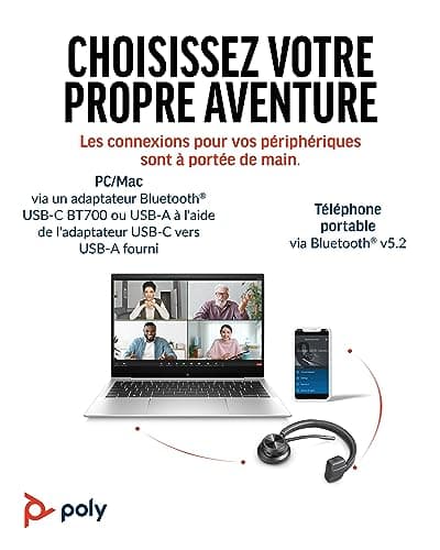 Micro-casque sans fil Poly Voyager 4310 UC (Plantronics), Micro-casque Bluetooth monaural avec microphone antibruit, Connexion à un PC/Mac/Téléphone portable via Bluetooth, Fonctionne avec Teams, Zoom