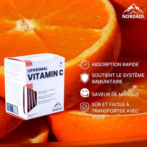 Vitamine C Liposomale 1000 mg - Liquide en 30 sachets - Haute dose - Sans soja Sans alcool - Sac à main- Vitamines adultes - Booster du système immunitaire - Vitamine C Liposomale Bio 1000mg - Nordaid