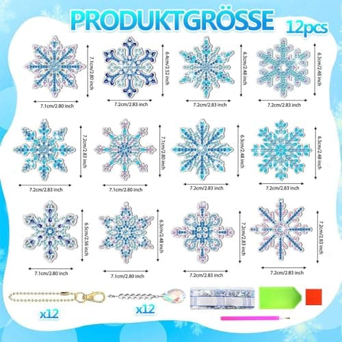 12 Pièces DIY Flocon de Neige Porte-clés de Peinture Diamant,Porte-clés de noël en Forme de Flocon de Neige,Flocon de Neige Diamant Art Peinture Porte-clés,Diamant Painting Porte Clef