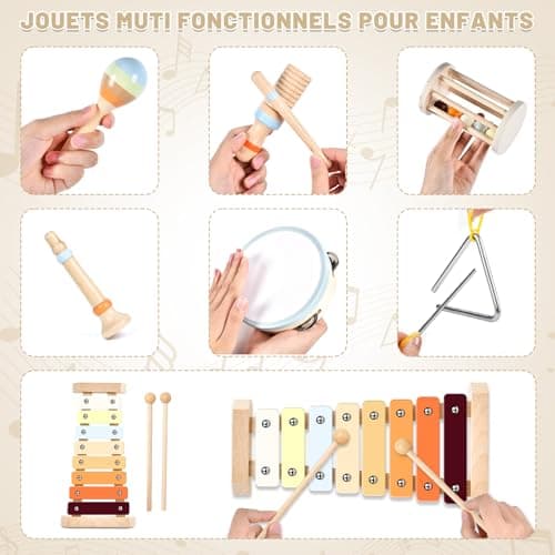 Joellfuner Instrument de Musique Bebe, Jouet Musique Bois Enfant, Montessori Jouet Musique, Percussion Bois avec Xylophone, Musique Anniversaire Cadeau pour Fille Garçons 3+