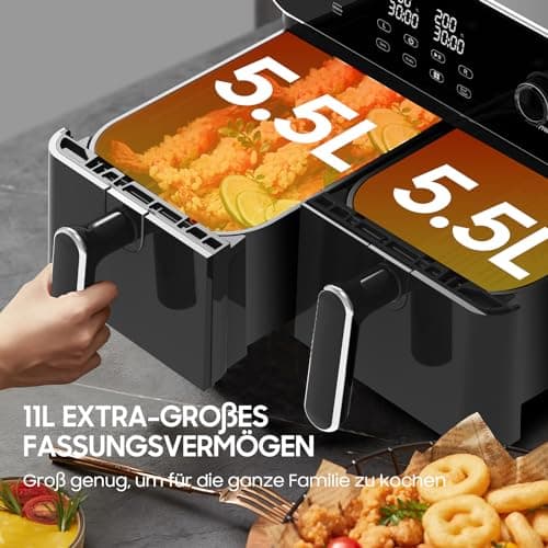 iceagle Friteuse sans Huile Dual Zone Air Fryer 11L – XXL Friteuse à Air avec Double Tiroir | Paniers Doubles Airfryer, 6 en 1, écran Tactile, 1700W, Recettes, Repas Sains pour une Grande Famille