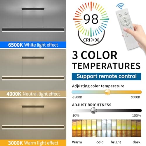 Mikeru 120cm Luminaire de l'Îlot de Cuisine, Luminaire Suspendu LED Moderne Noir Dimmable de 10% à 100% Température de Couleur 3000K/4500K/6000K Lustre Réglable en Hauteur pour Salle à Manger