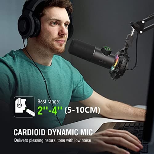 FIFINE USB Microphone Gaming, RGB Dynamiques Micro pour PC, Bouton de Silence & 3,5mm Prise Casque, Plug and Play Microphone Cardioïde pour Diffusion en Continu, Podcasting, Youtube