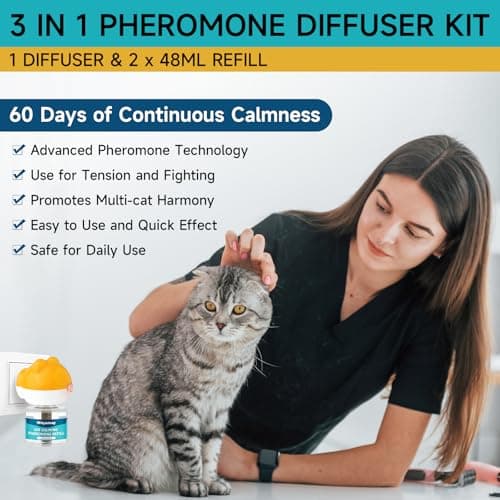 Woyamay Diffuseur De Pheromones Chat, Diffuseur Anti Stress Chat, Kit 3 en 1 avec 1 Diffuseur Et 2 Flacons De Recharge (48 ML), Soulagement De L'anxiété, Jusqu'à 60 Jours, Diffuseur Pheromones Chat