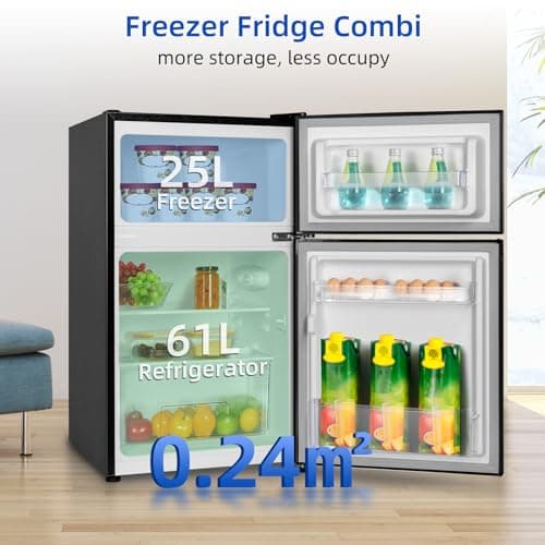 CHIQ FTM86L4E Réfrigérateur congélateur, 86 L (61/25), Petit réfrigérateur avec 2 portes, Congélation 4 étoiles, Casier à bouteilles, Thermostats réglables, Faible bruit, Foncé 2023