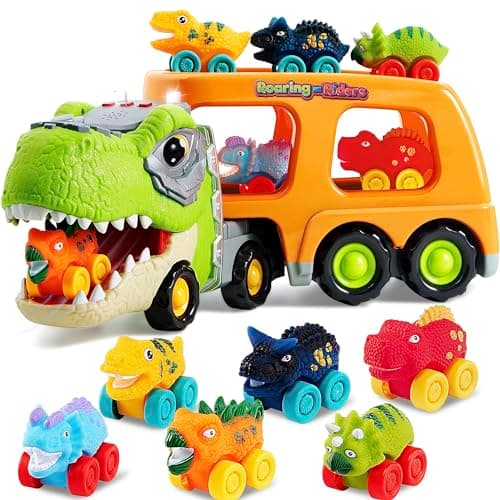 JOYIN Mini Camion de Transport de Dinosaures avec 6 véhicules Jouets en Caoutchouc Souple, avec Musique et Son Puissant, lumières Clignotantes, Cadeaux pour garçons et Filles à partir de 2 Ans(orange)