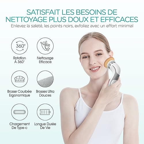 VOGOE Brosse Nettoyante Visage Electrique, Rechargeable Brosses Visage Rotative, Etanche IPX6, Nettoyange Brosse 2 Vitesses avec 2 Têtes Brossantes pour Exfoliation Douce FB210 (Gris)