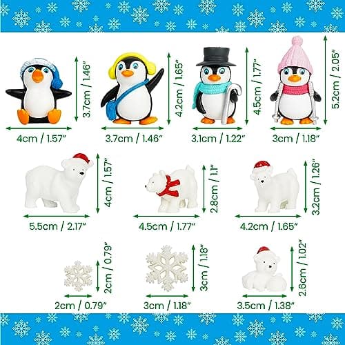 BELLE VOUS Lot de 12 Figurines Noel Décoration - Petit Personnage Miniature en Résine pour l’Artisanat, Jardin Féerique de Poupées & Decorations de Noel - Inclut Pingouins, Ours & Flocons de Neige