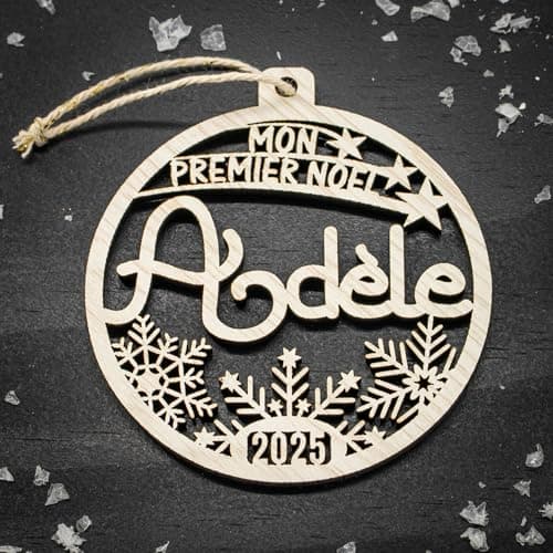 Boule de Noël Mon premier Noël, prénom et année personnalisable, Décoration en bois pour sapin, étui cadeau en option. Cadeau de Noël, naissance.