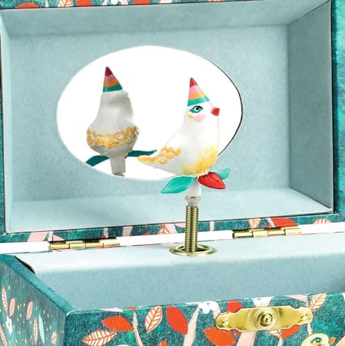 DJECO Boîte à Musique et Bijoux en Bois dès 4 ans - Rangement Bijoux avec Intérieur en Velours et 1 Tiroir - Cadeau Décoratif Unique - Figurine, Mélodie, Miroir et Illustrations - Arbre Poétique