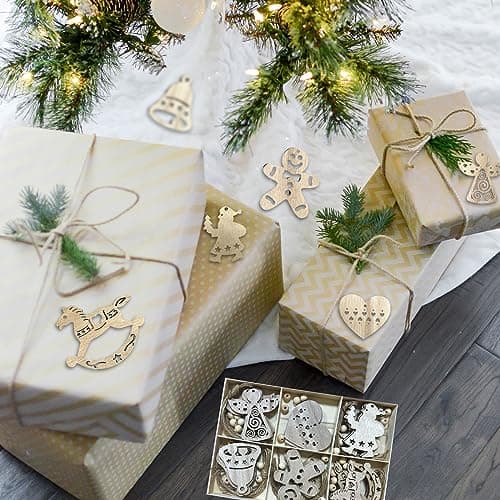 FRUHLING 30 Pièces Pendentifs en Bois de Noël Decoration Sapin Noël Bois Arbre de Noël Ornements avec Boîte en Bois pour Etiquette de Cadeau et Décoration Bricolage 6 Styles