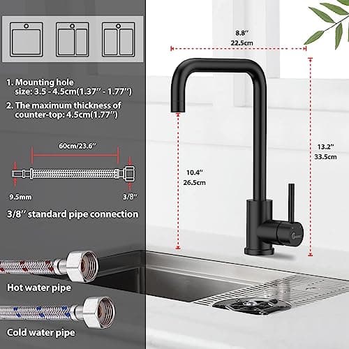 Robinet cuisine noir WAVEWO mitigeur cuisine en acier inoxydable robinetterie de cuisine avec aérateur remplaçable robinet de cuisine évier élégant économise l'eau et n'éclabousse pas
