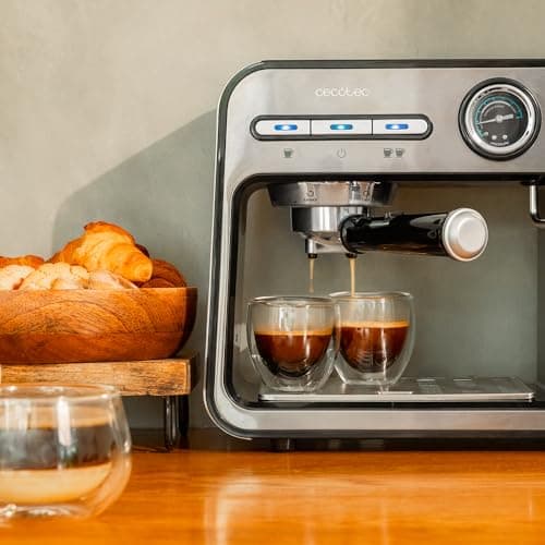 Cecotec Cafetière espresso Power Espresso 20 Square Pro, 1450 W, 20 bars, Thermoblock, Vaporisateur, 2 tasses de café, Réservoir d'eau amovible de 1 litre, Plaque chauffe-tasses.