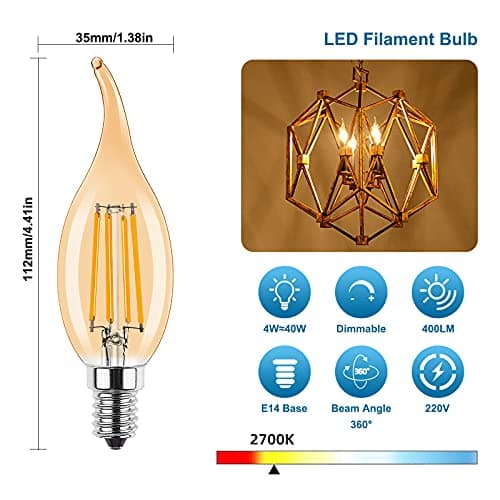 ProCrus E14 LED Dimmable Bougie Lampe Vintage 4W LED,Forme de Bougie pour Lustres,C35 Filament Bougies Ampoule LED,2700K Blanc Chaud,4W Ampoule LED Remplace 40W,400LM,Dimmable,Ambre,Lot de 6