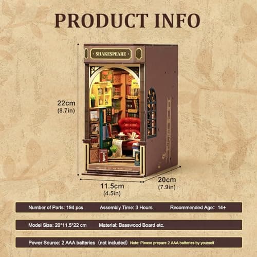 ROBOTIME Book Nook Kit avec Lumières LED, Booknook Puzzle 3D en Bois Livre Décoration de la Chambre Noël Anniversaire Cadeaux pour Filles Femme - Shakespeare's Bookstore