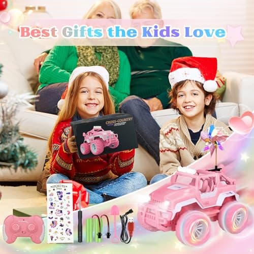 Ulikey RC Voiture Telecommandé, Voiture Télécommandée Fille, Jeep Rose 1:16 avec Lumières LED, Camion SUV Tout-Terrain 2,4 GHz, avec Moulin à Vent, Cadeaux Jouets Anniversaire pour Fille 4-12 Ans