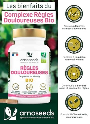 Règles Douloureuses BIO | Apaise les Douleurs Menstruelles | Avant et Pendant les règles | Framboisier, Gattilier, Achillée Millefeuille | 60 gélules de 490mg | Fabriqué en France | Qualité Supérieure