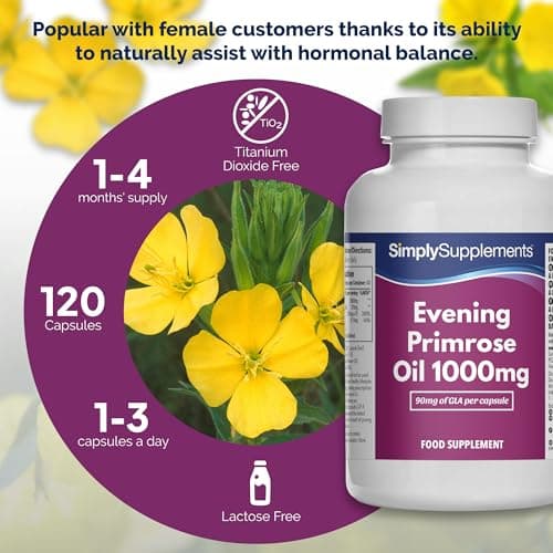 Huile d'Onagre Super Forte 1000mg | 120 gélules à libération rapide | Soutien à l'équilibre hormonal, Formule pour une peau saine avec Vitamine B6 | Approuvé par les BPF | Fabriqué au Royaume-Uni