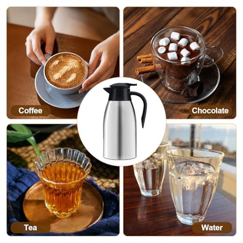Pichet Isotherme 2L Thermos café 304 Acier Inoxydable Double-Wall Vacuum Isolé thermos 2L avec Poignée et Bec Café Pot Thermos pour Eau Chaud au Bureau Hôtel et Restaurant (argent)
