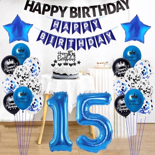 Ballon 15 ans anniversaire Bleu Noir,Ballons 15 ans anniversaire garçon,Bleu Noir 15 ans anniversaire garçon Déco fête,Decoration anniversaire 15 ans garçon fille,Bleu ballon 15 ans garçon