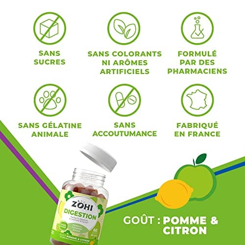 Complément Alimentaire Digestion-Gummies Digestion facilitant la digestion et améliore le transit- Fenouil-60 gommes de fruits- goût Pomme et Citron Sans Sucres-Vegan- ZOHI- Fabriqué en France