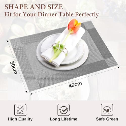 Gucass Lot de 8 Sets de Table Lavable, Sets de Table Plastique PVC, Tissé Lavable Napperons Résistant à Chaleur Antidérapant, pour Cuisine Table à Manger, Facile à Nettoyer et Stocker(45x30cm, Gris)